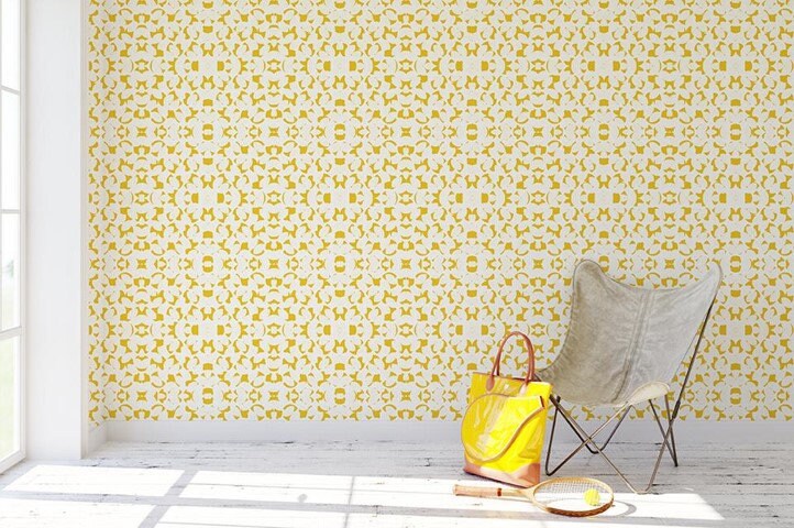 Seashells Coastal Peel and Stick Wallpaper - Yellow Floral Geometric - Water-Resistant Embossed Vinyl Canvas