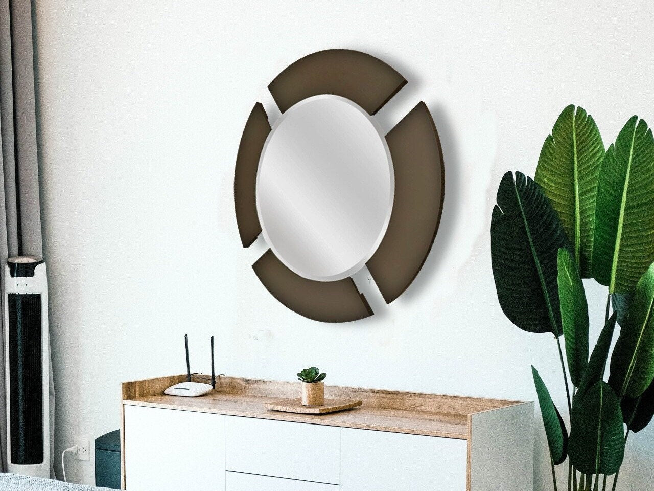 Modern Capri Round Large Dresser Beveled Mirror with Solid Wood Frame in Gold or Graphite