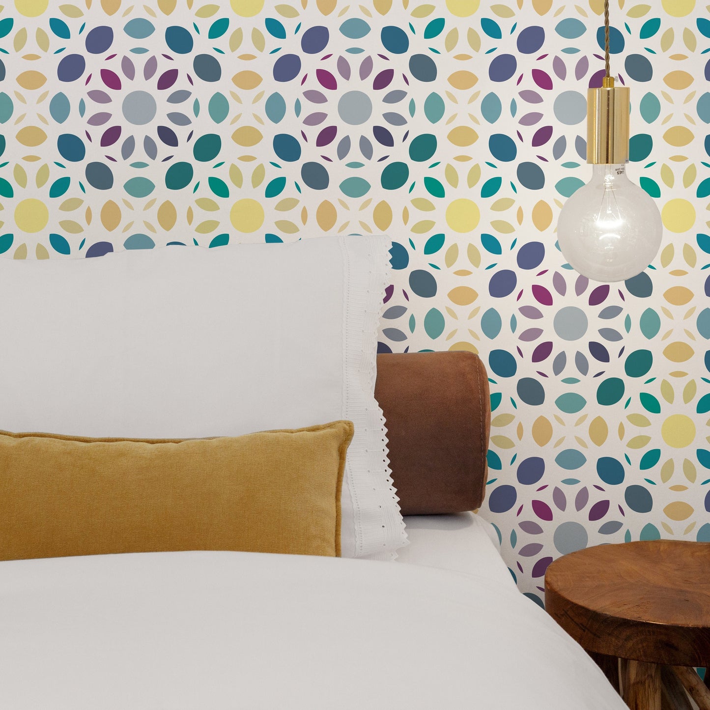 Dahlia Mosaic Vinyl Canvas Wallpaper - Yellow, Purple, Teal Mid-Century Mosaic - Removable Water-Resistant Peel & Stick Wallpaper Panel