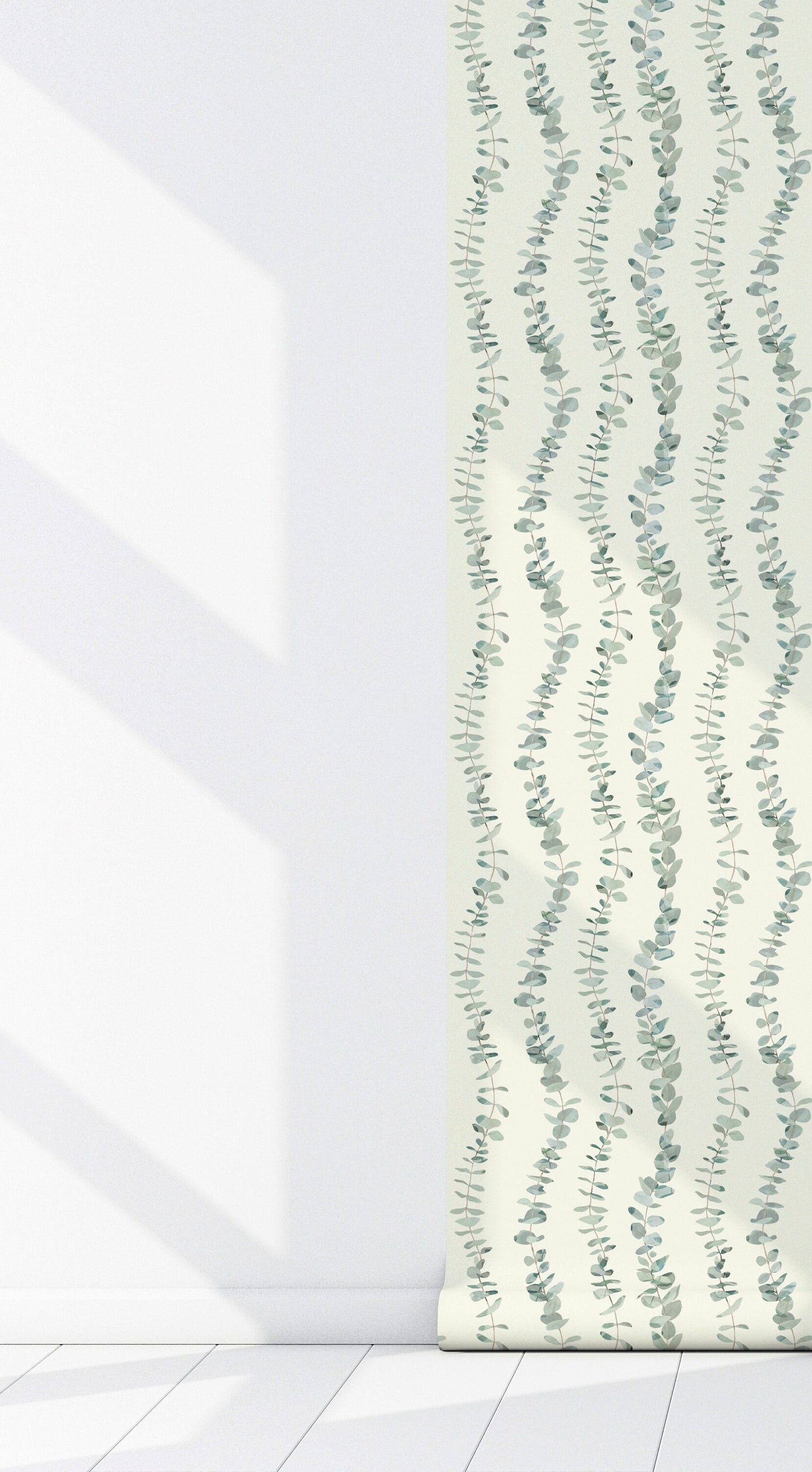 Eucalyptus Country Farmhouse Peel and Stick Wallpaper - Green Striped Botanical - Water-Resistant Embossed Vinyl Canvas