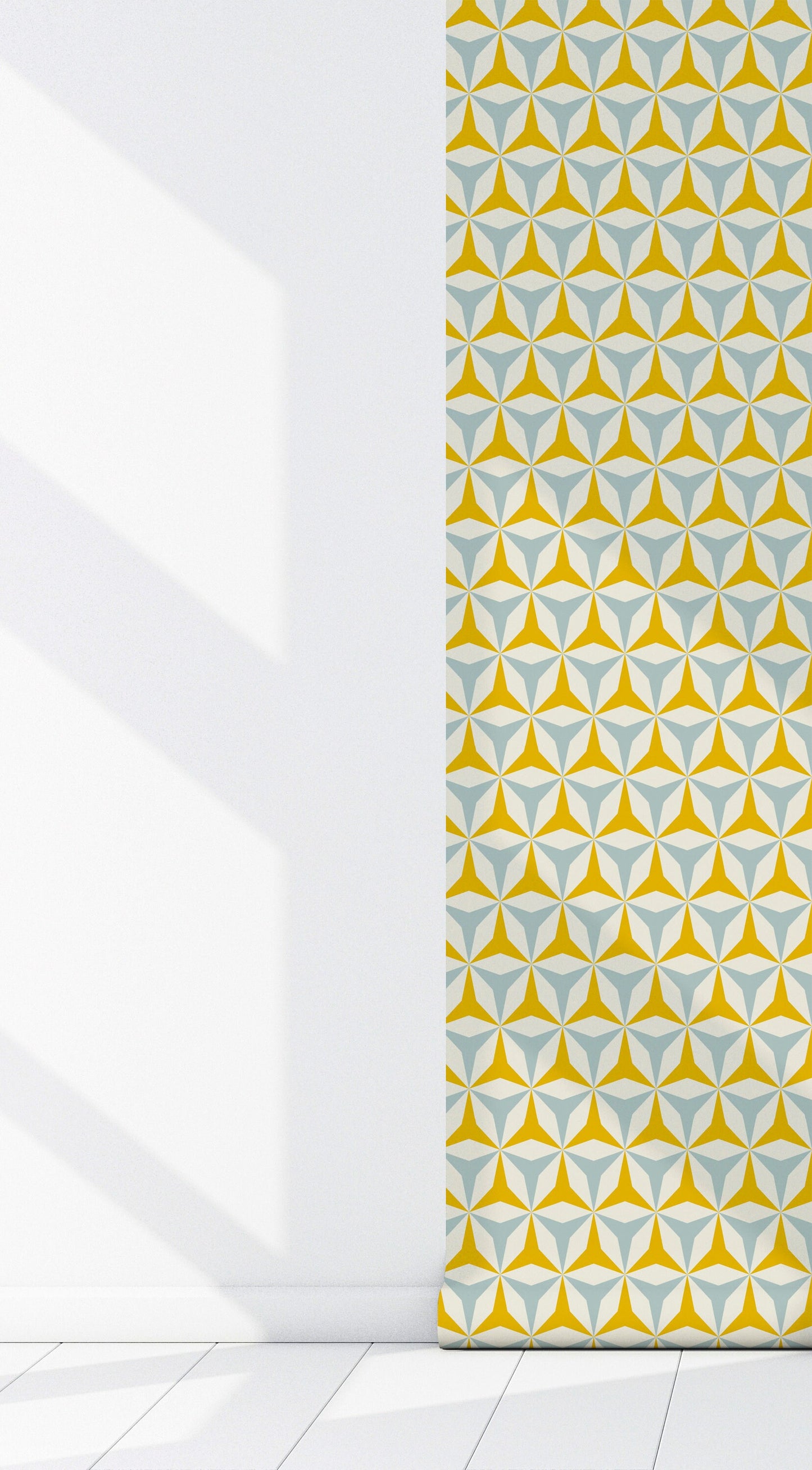 Origami Mid-Century Peel and Stick Wallpaper - Blue, Yellow Geometric - Water-Resistant Embossed Vinyl Canvas