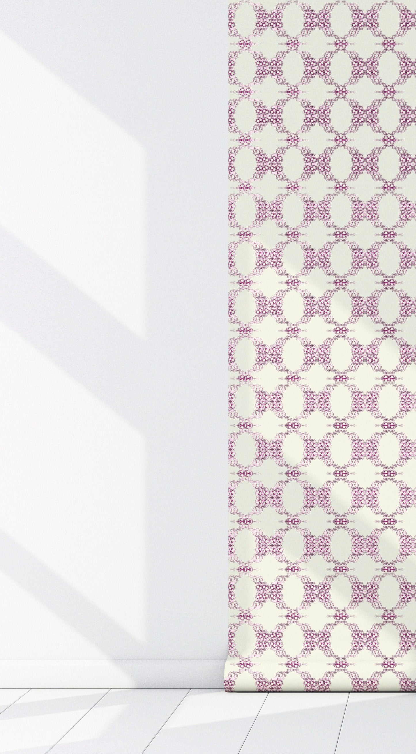 French Cottage Farmhouse Peel and Stick Wallpaper - Ivory, Purple Medallion - Water-Resistant Embossed Vinyl Canvas