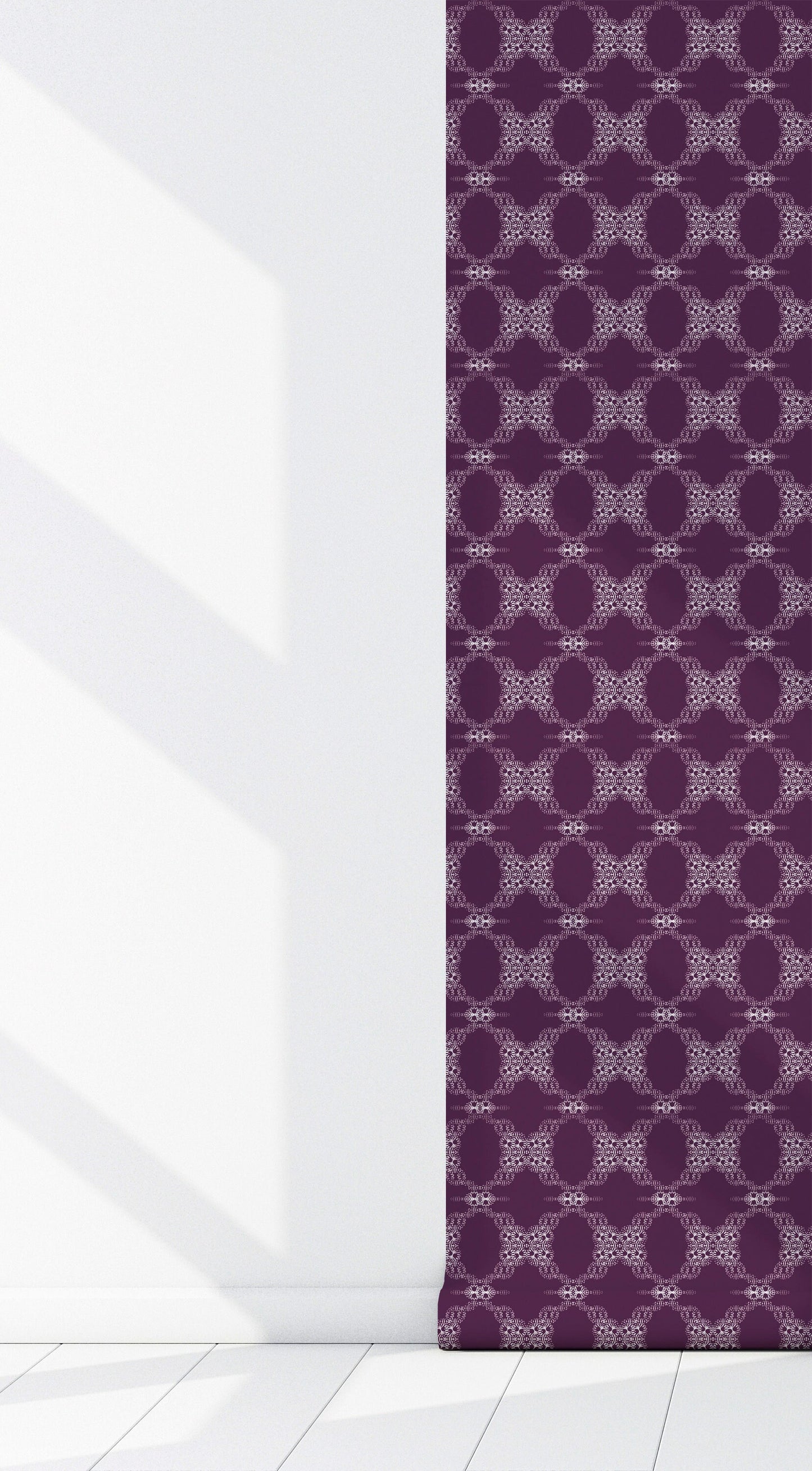 French Cottage in Plum Vinyl Canvas Wallpaper - French Country Ivory, Plum Geometric - Removable Reusable Peel & Stick Wallpaper Panel