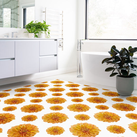 Flora in Gold Versatile Indoor/Outdoor Washable Rug - Modern Boho Orange Floral - Vinyl with Non-Slip Latex Backing