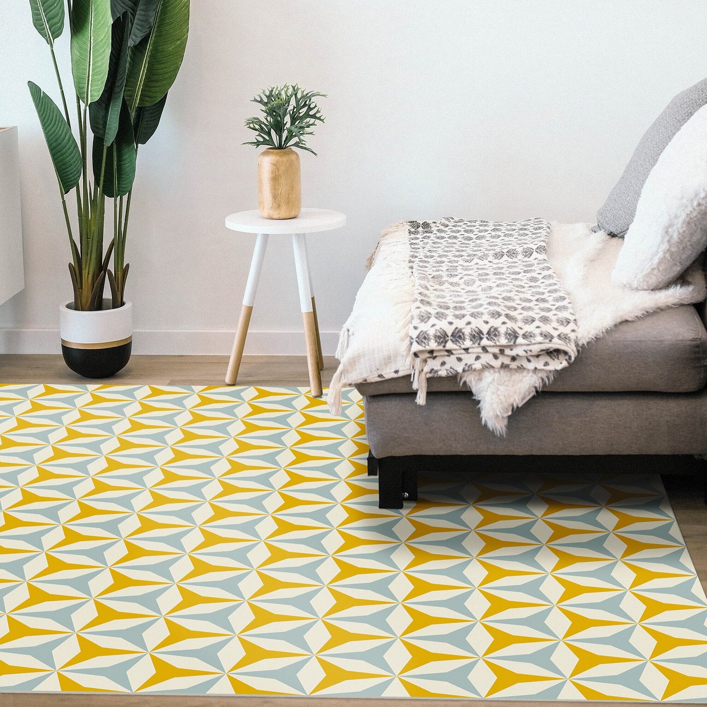 Origami in Yellow & Blue Indoor/Outdoor Floor Covering - Mid-Century Geometric - 2-Ply Vinyl with Non-Slip Latex Backing