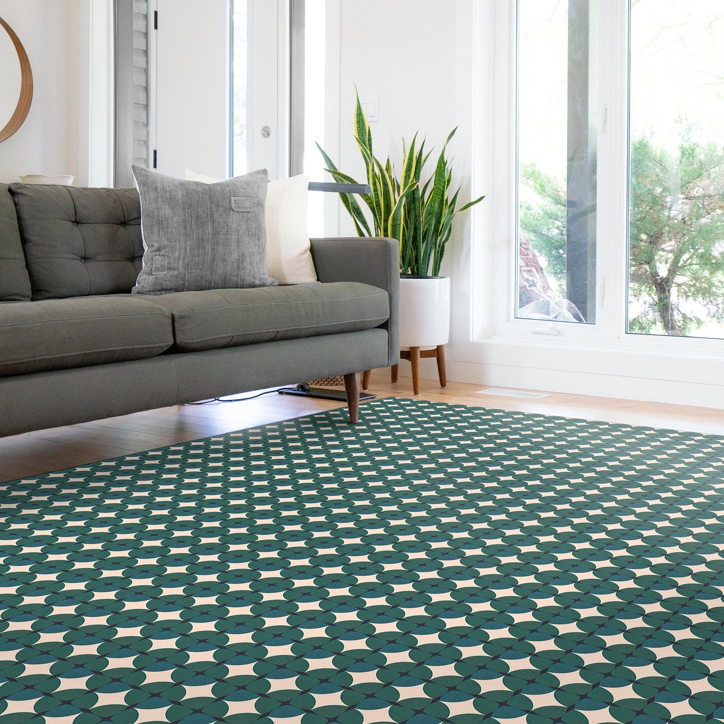 Gemstone Emerald Versatile Indoor/Outdoor Rug - Mid-Century Green Geometric- Ply Vinyl with Non-Slip Latex Backing