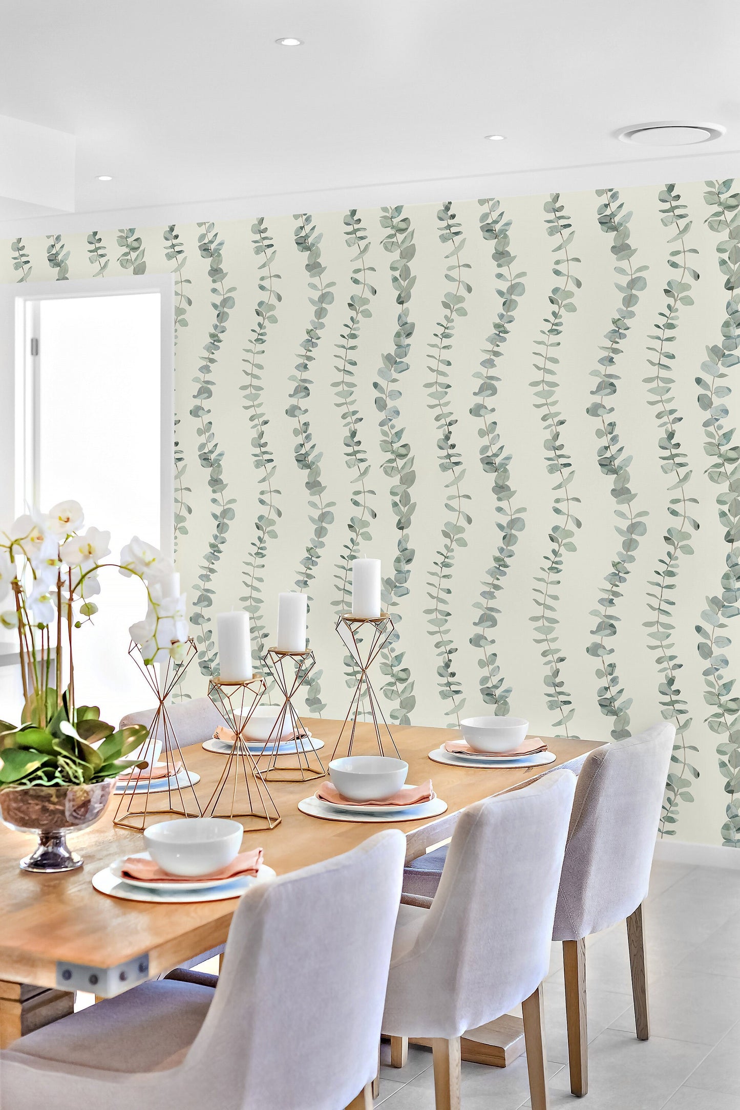 Eucalyptus Country Farmhouse Peel and Stick Wallpaper - Green Striped Botanical - Water-Resistant Embossed Vinyl Canvas