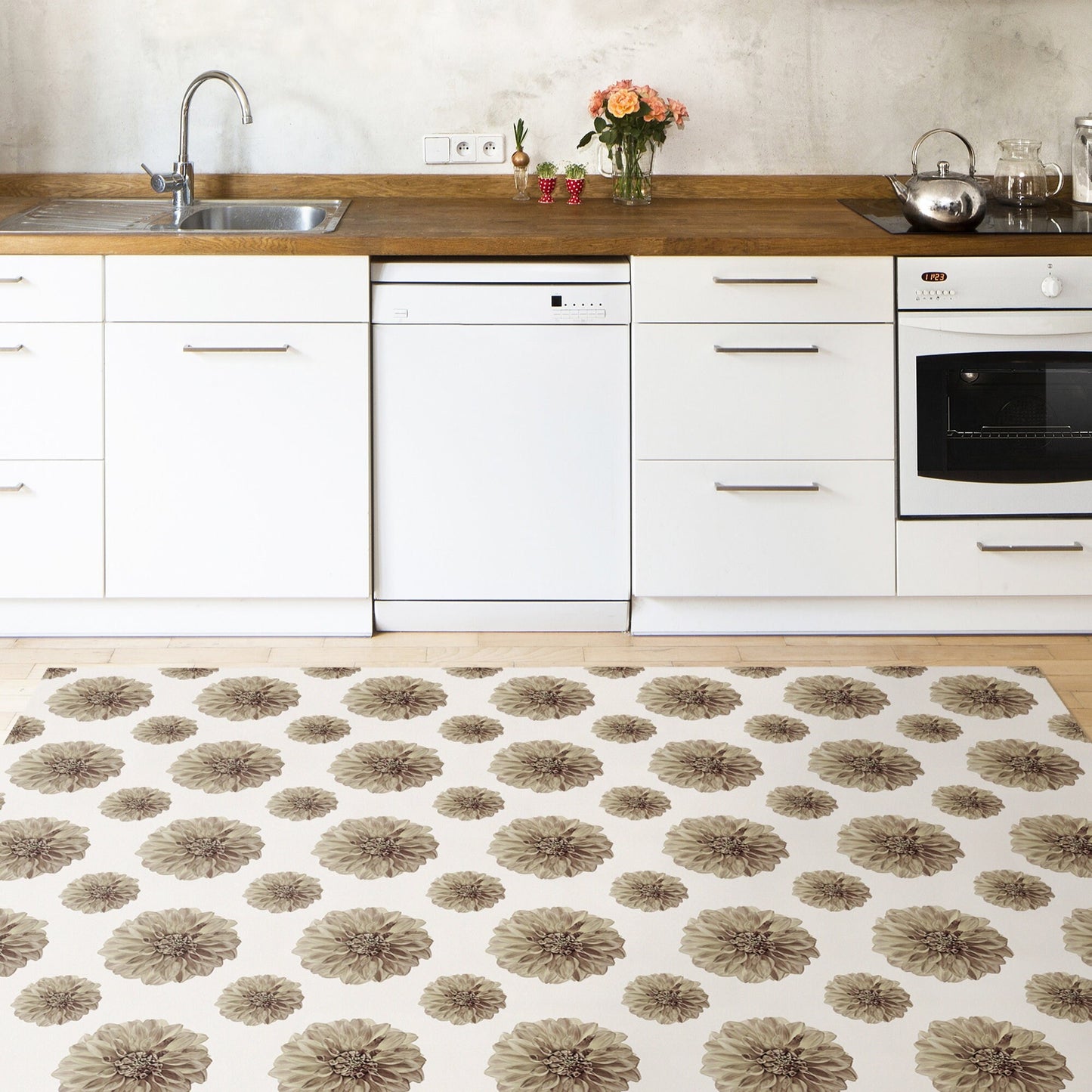 Flora in Sepia Versatile Indoor/Outdoor Floor Covering - Country Farmhouse Tan Floral - Vinyl with Non-Slip Latex Backing