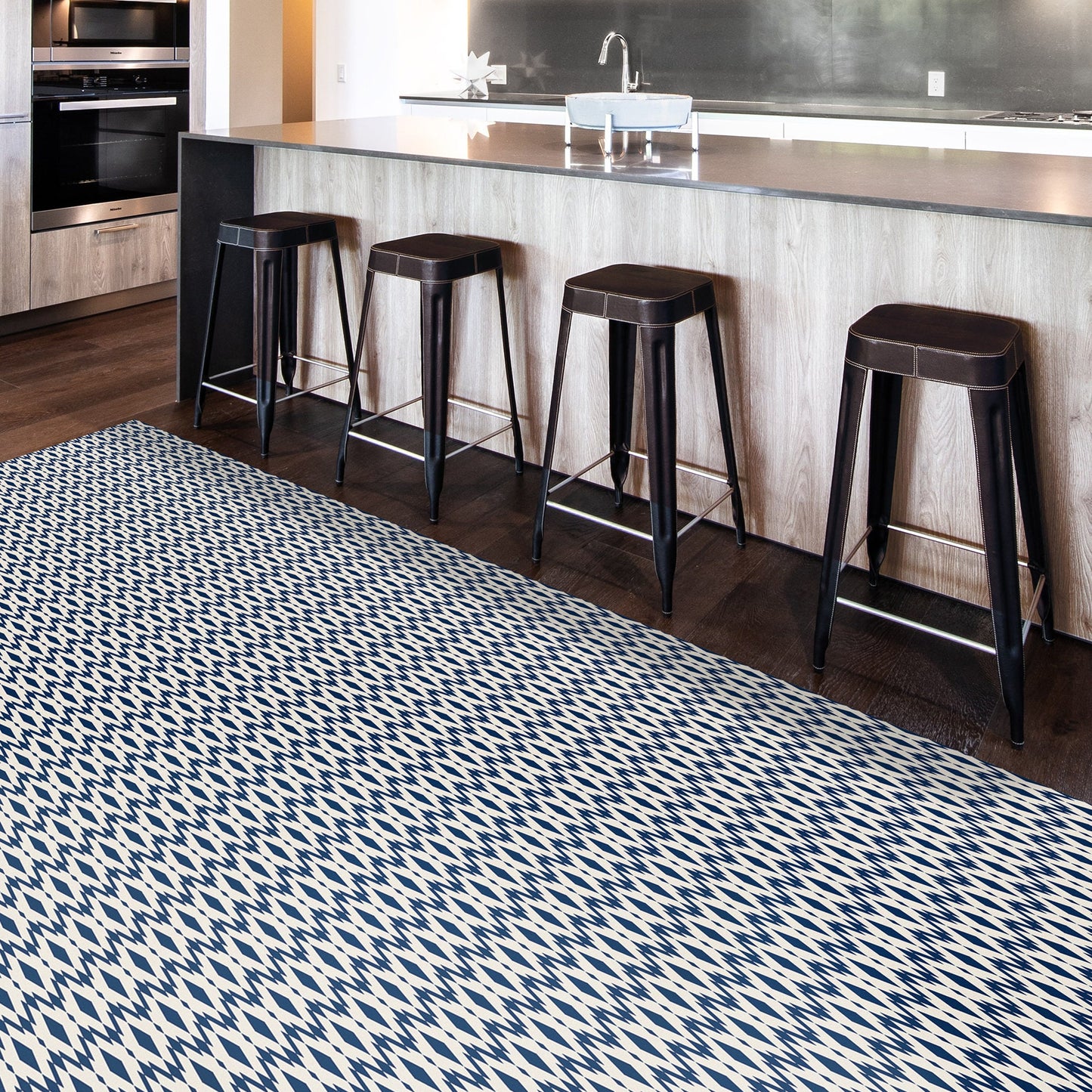 Malay in Navy Indoor/Outdoor Floor Covering - Mid-Century Modern Geometric- 2-Ply Vinyl with Non-Slip Latex Backing