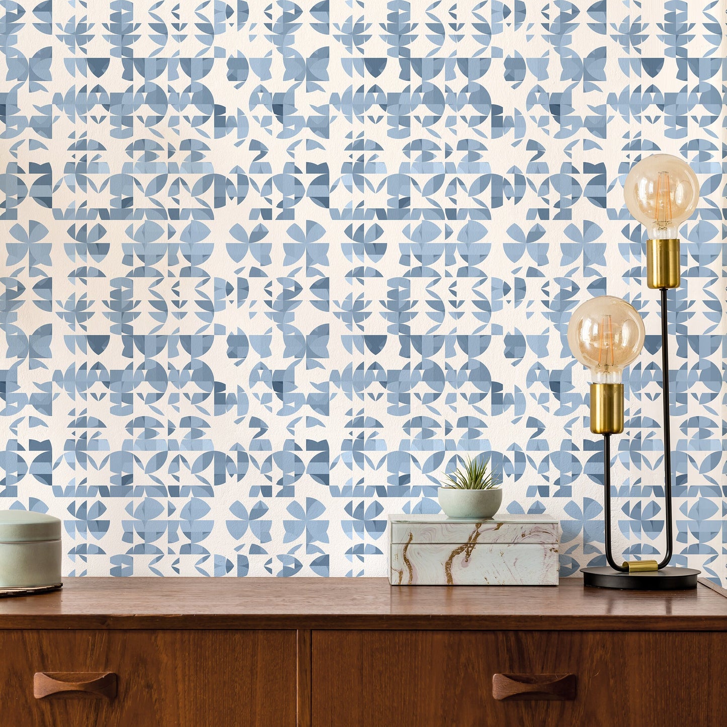 Succulent Blue Vinyl Canvas Wallpaper - Mid-Century Abstract Design - Removable Water-Resistant Peel & Stick Wallpaper Panel