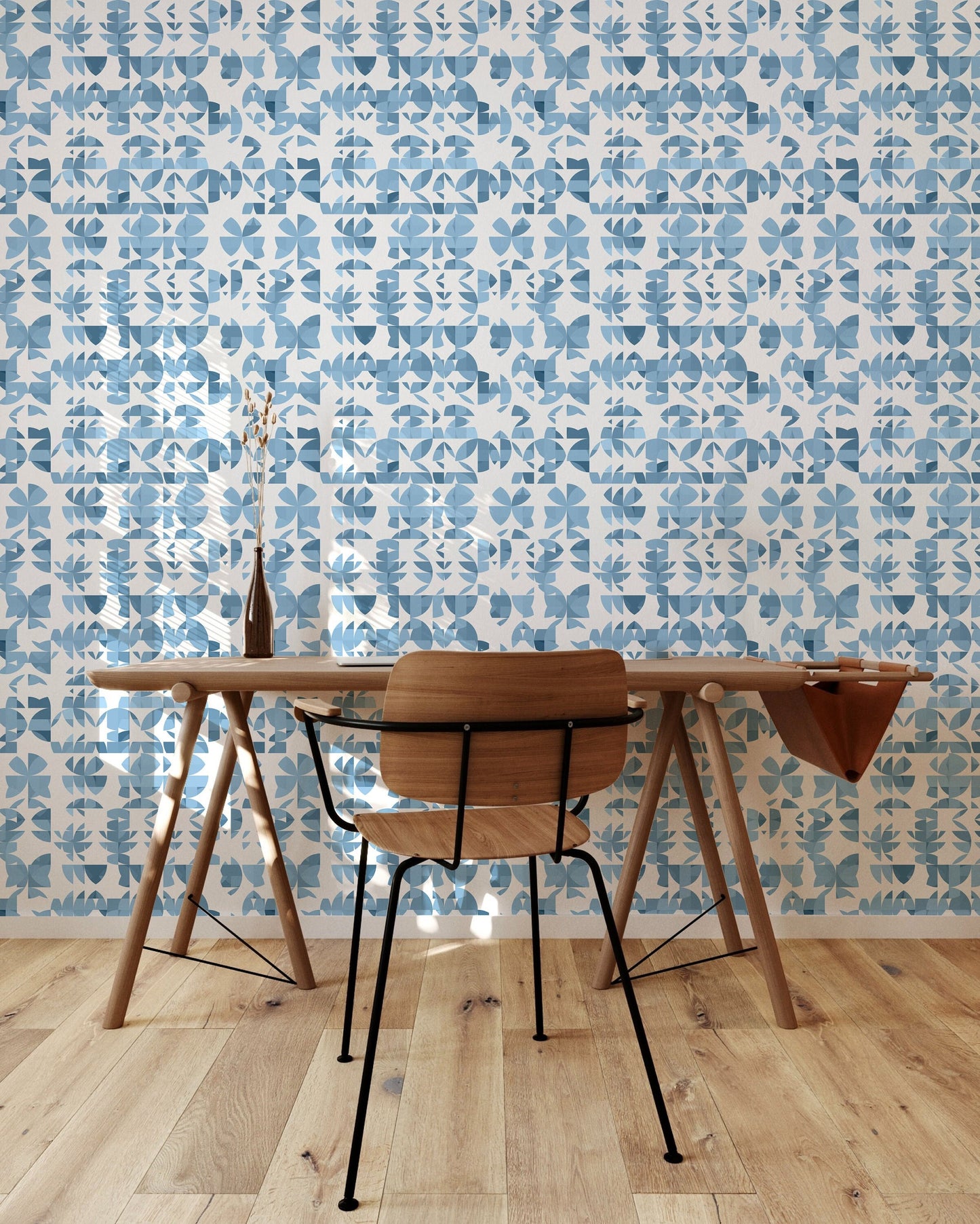 Succulent Blue Vinyl Canvas Wallpaper - Mid-Century Abstract Design - Removable Water-Resistant Peel & Stick Wallpaper Panel