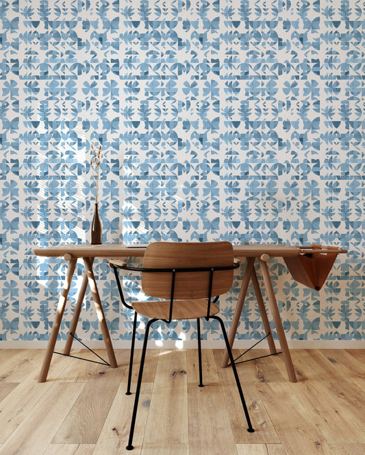 Succulent Blue Vinyl Canvas Wallpaper - Mid-Century Abstract Design - Removable Water-Resistant Peel & Stick Wallpaper Panel