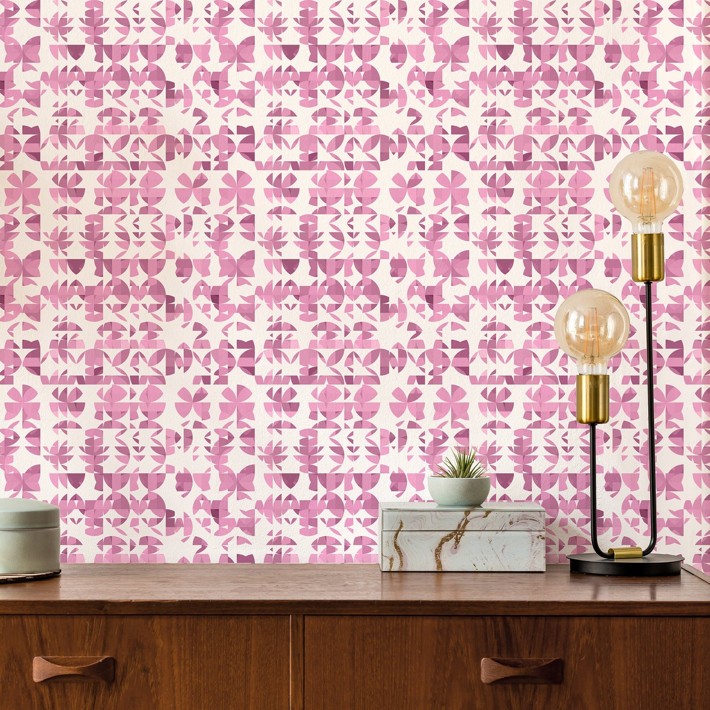 Succulent Pink Vinyl Canvas Wallpaper - Mid-Century Abstract Design - Removable Water-Resistant Peel & Stick Wallpaper Panel