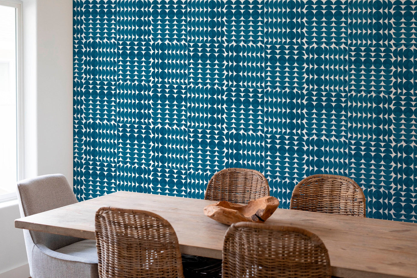 Coordinates Gray, Blue Peel and Stick Wallpaper Panel  - Mid-Century Geometric  - Water-Resistant Embossed Vinyl Canvas