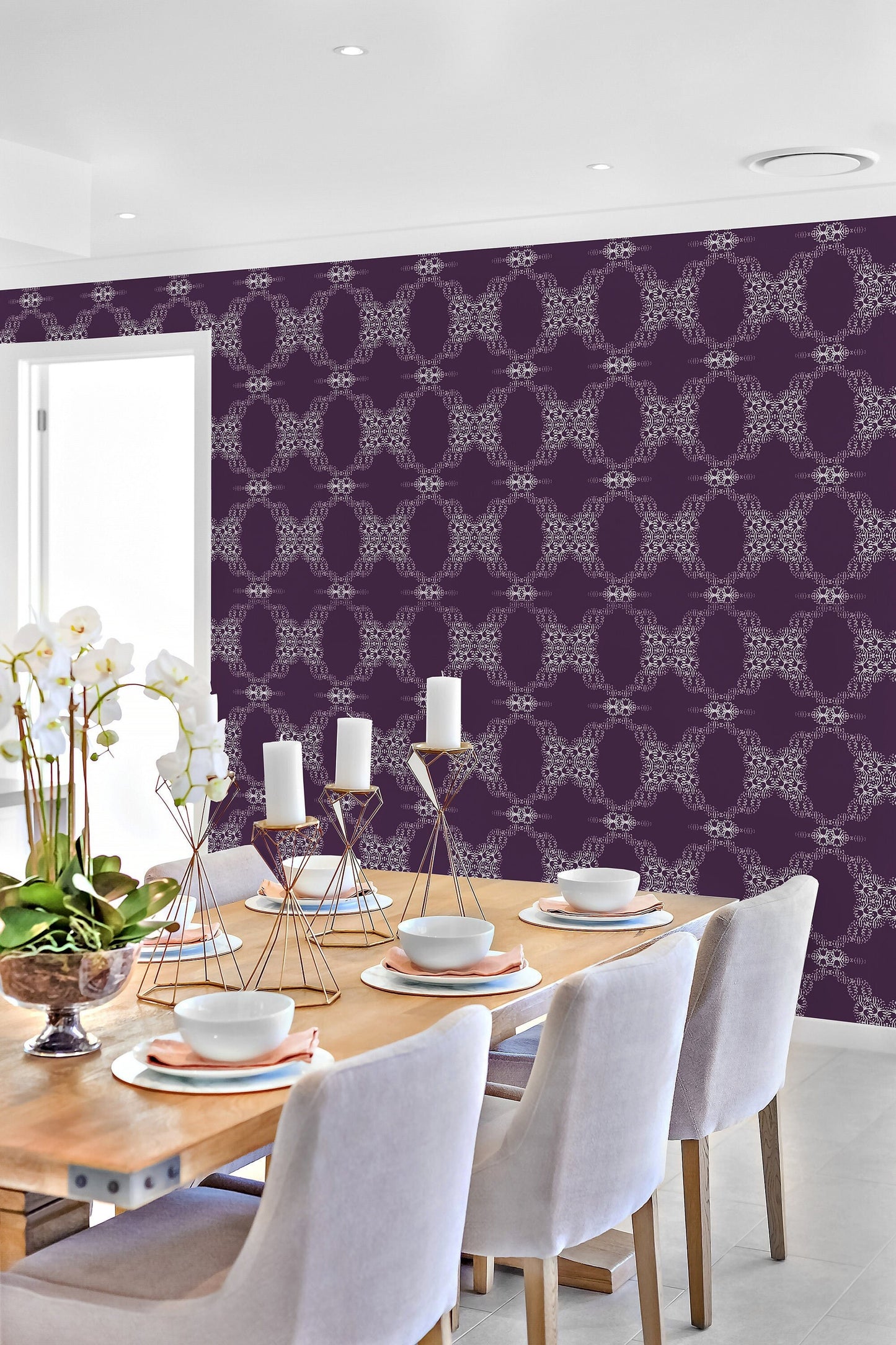 French Cottage in Plum Vinyl Canvas Wallpaper - French Country Ivory, Plum Geometric - Removable Reusable Peel & Stick Wallpaper Panel