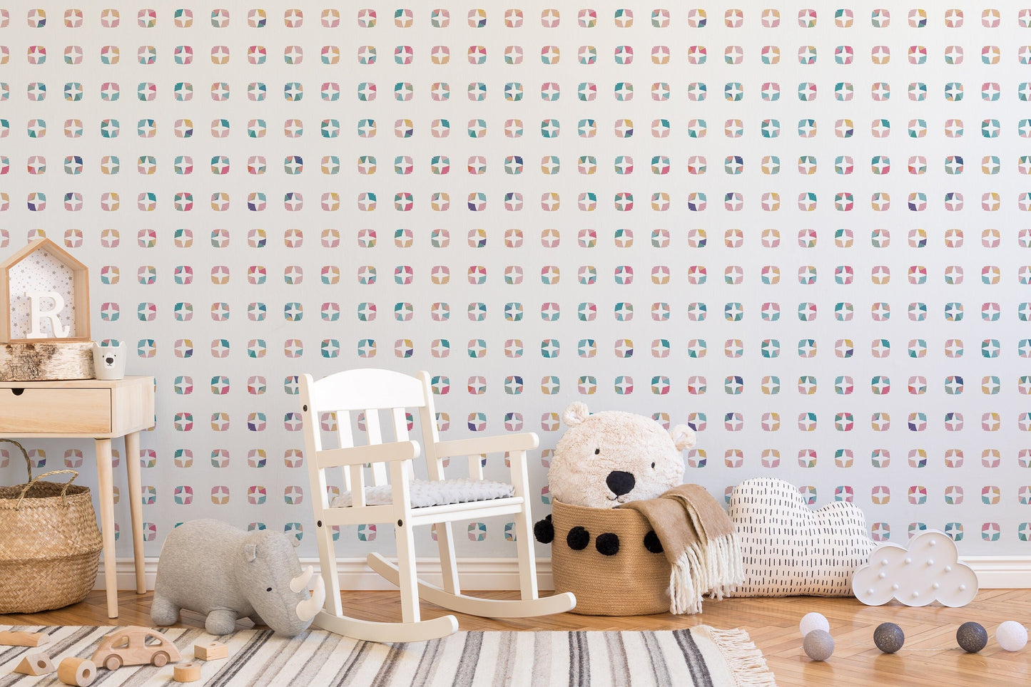 Diamonds Boho Peel and Stick Wallpaper - Multi-Color Pastel Geometric Polka Dots - Water-Resistant Embossed Vinyl Canvas