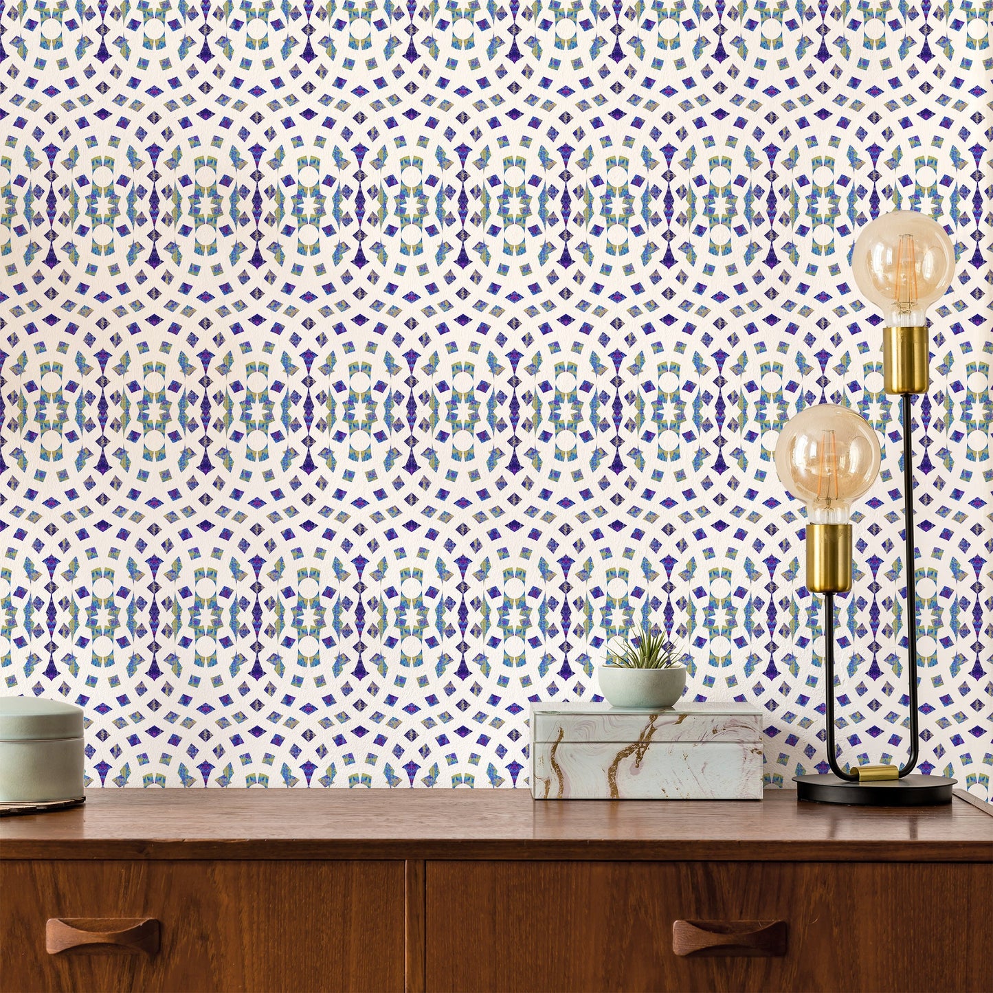 Mosaic Cathedral Mid-Century Peel and Stick Wallpaper - Blue, Purple Mosaic - Water-Resistant Embossed Vinyl Canvas