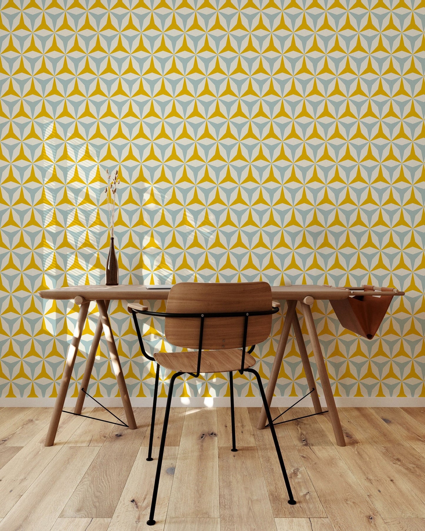 Origami Mid-Century Peel and Stick Wallpaper - Blue, Yellow Geometric - Water-Resistant Embossed Vinyl Canvas