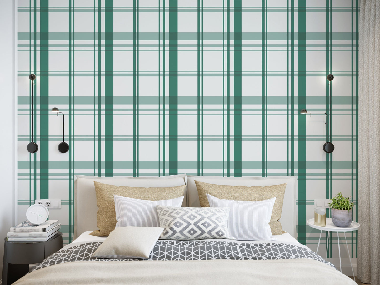 Urban Plaid Modern Farmhouse Peel and Stick Wallpaper - Green Modern Plaid - Water-Resistant Embossed Vinyl Canvas