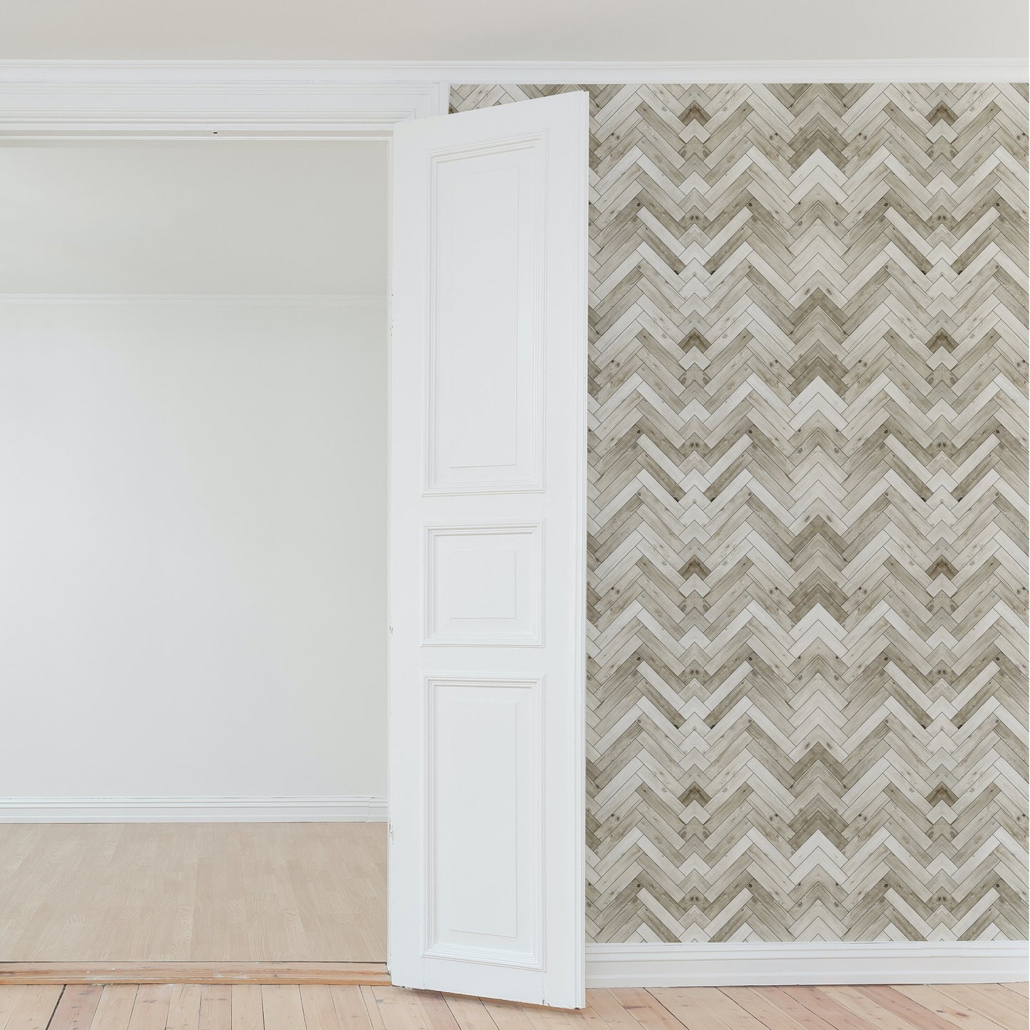 Woodland Aspen Rustic Peel and Stick Wallpaper Panel - Beige, Gray Herringbone Faux Wood - Water-Resistant Vinyl Canvas