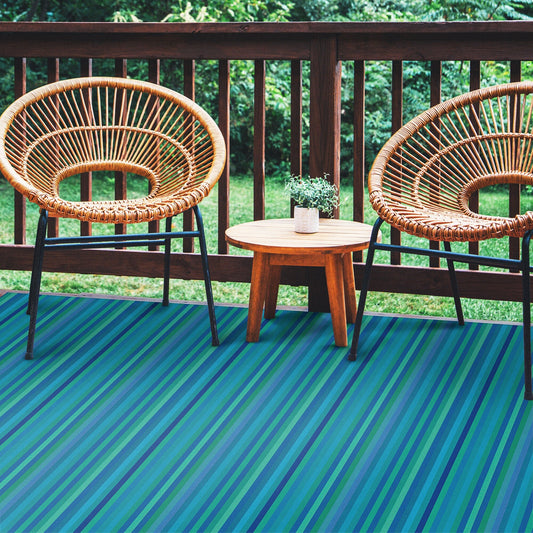 Teal Cabana Stripes Versatile Indoor/Outdoor Washable Rug - Blue, Green Modern Coastal Stripes - Vinyl with Non-Slip Latex Backing