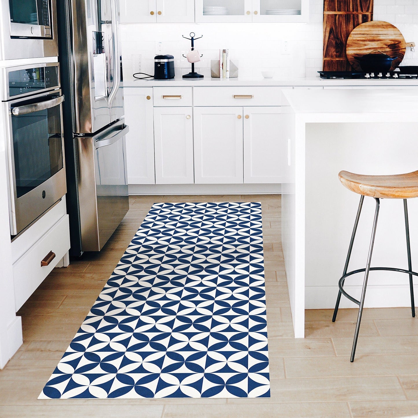 Fleur in Navy Versatile Vinyl Indoor/Outdoor Washable Rug - Contemporary Coastal Blue Geometric - Vinyl with Non-Slip Latex Backing