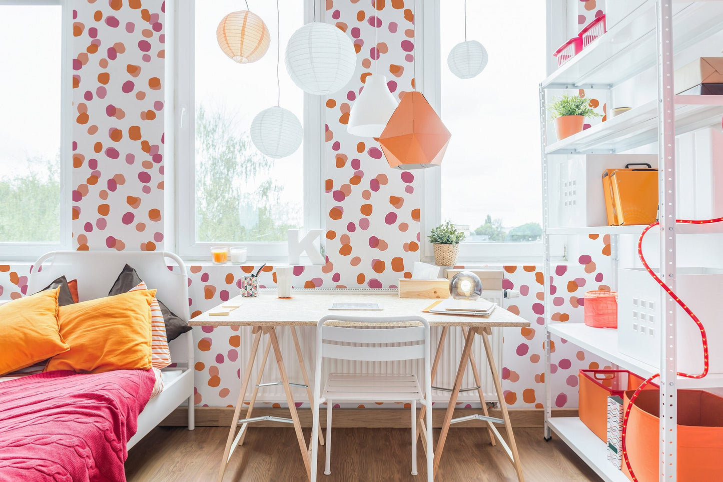 Sprinkles Boho Peel and Stick Wallpaper - Pink, Orange Abstract Polka Dots - Water-Resistant Embossed Vinyl Canvas