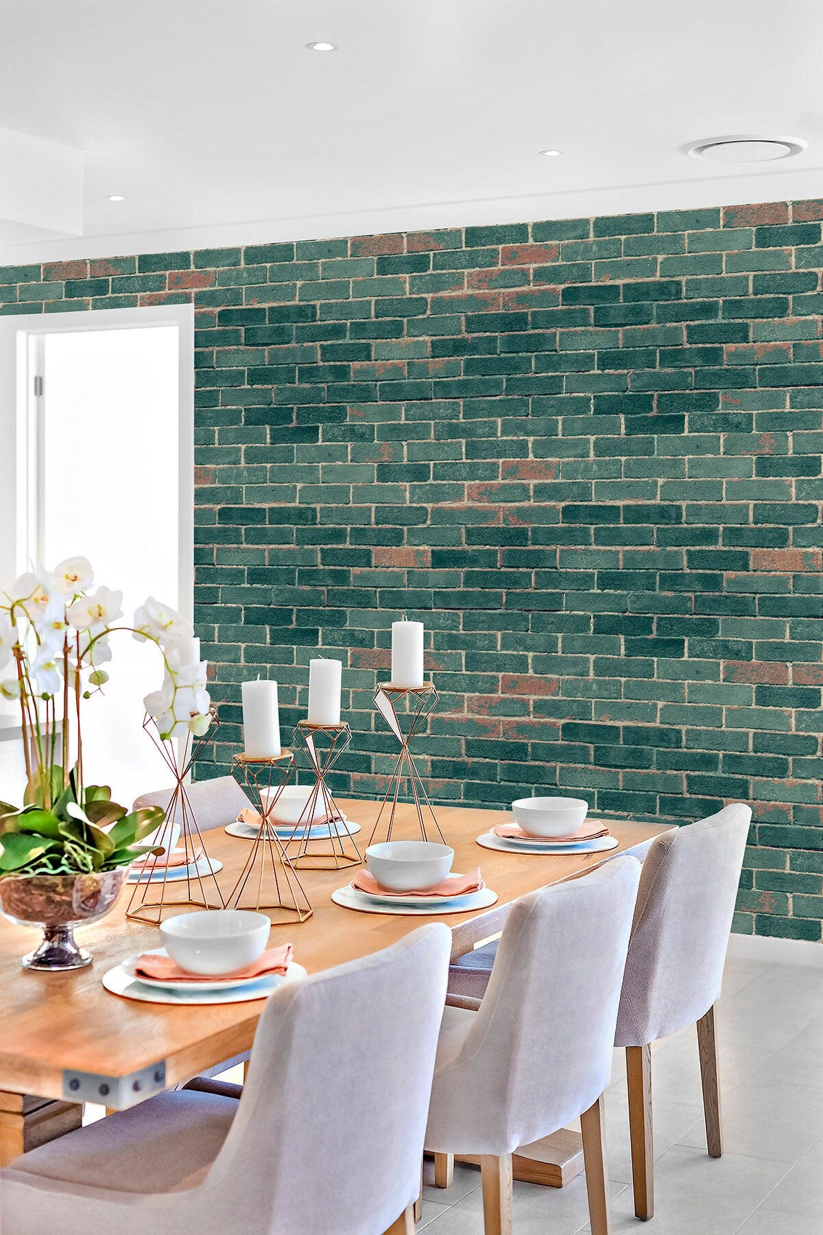 Brick Green Industrial Peel and Stick Wallpaper - Green Faux Brick - Water-Resistant Embossed Vinyl Canvas