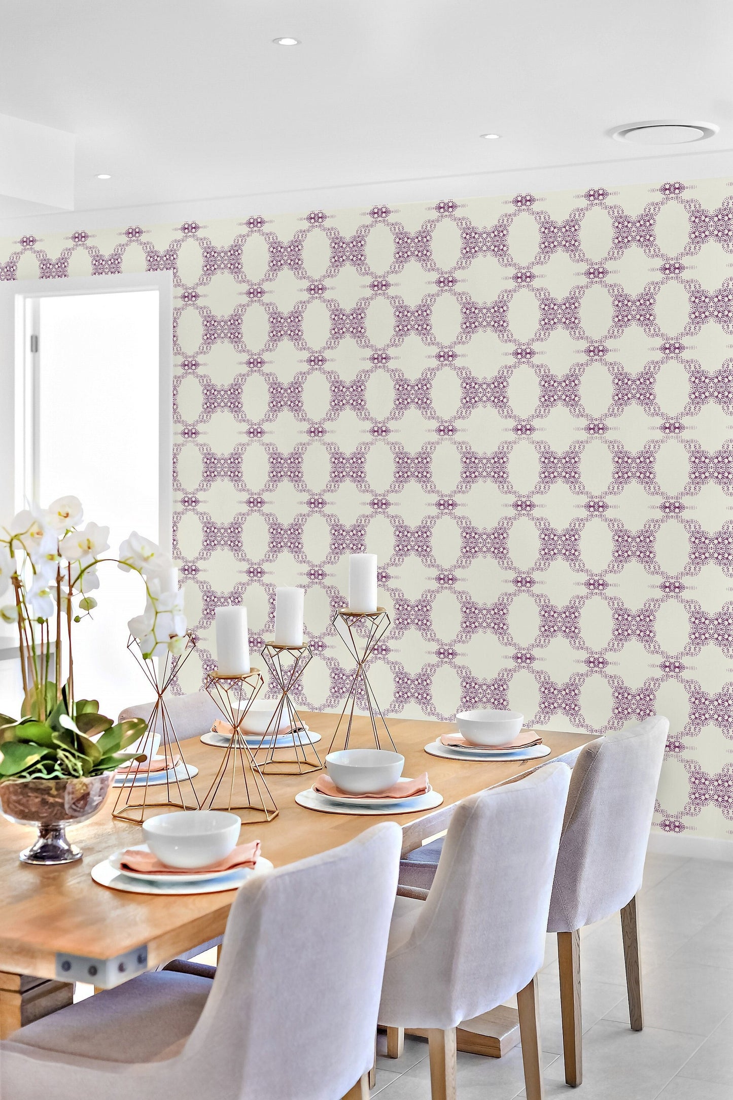 French Cottage Farmhouse Peel and Stick Wallpaper - Ivory, Purple Medallion - Water-Resistant Embossed Vinyl Canvas