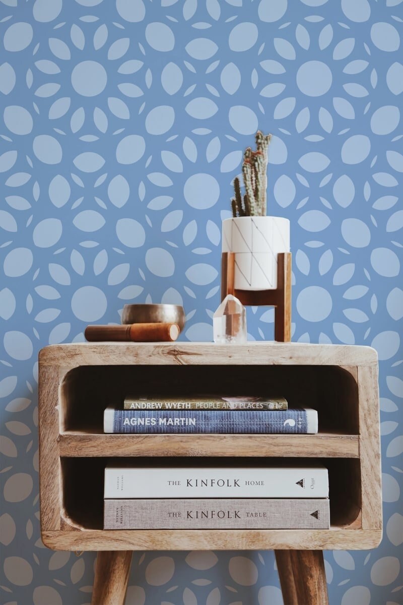 Dahlia in Blue Vinyl Canvas Wallpaper - Modern Farmhouse Blue Mosaic  - Removable Reusable Peel & Stick Wallpaper Panel