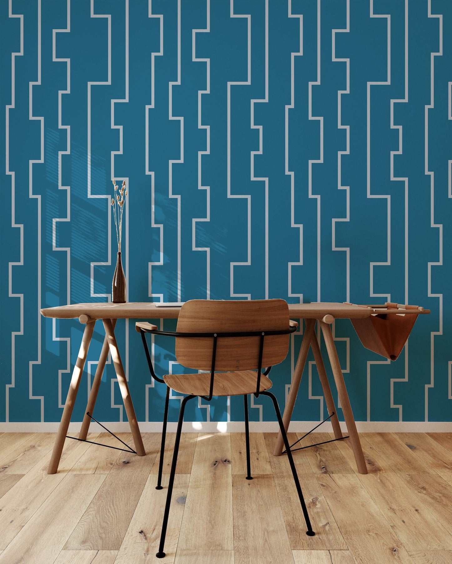 Modern Key Peel and Stick Wallpaper - Blue Mid-Century Striped - Water-Resistant Embossed Vinyl Canvas