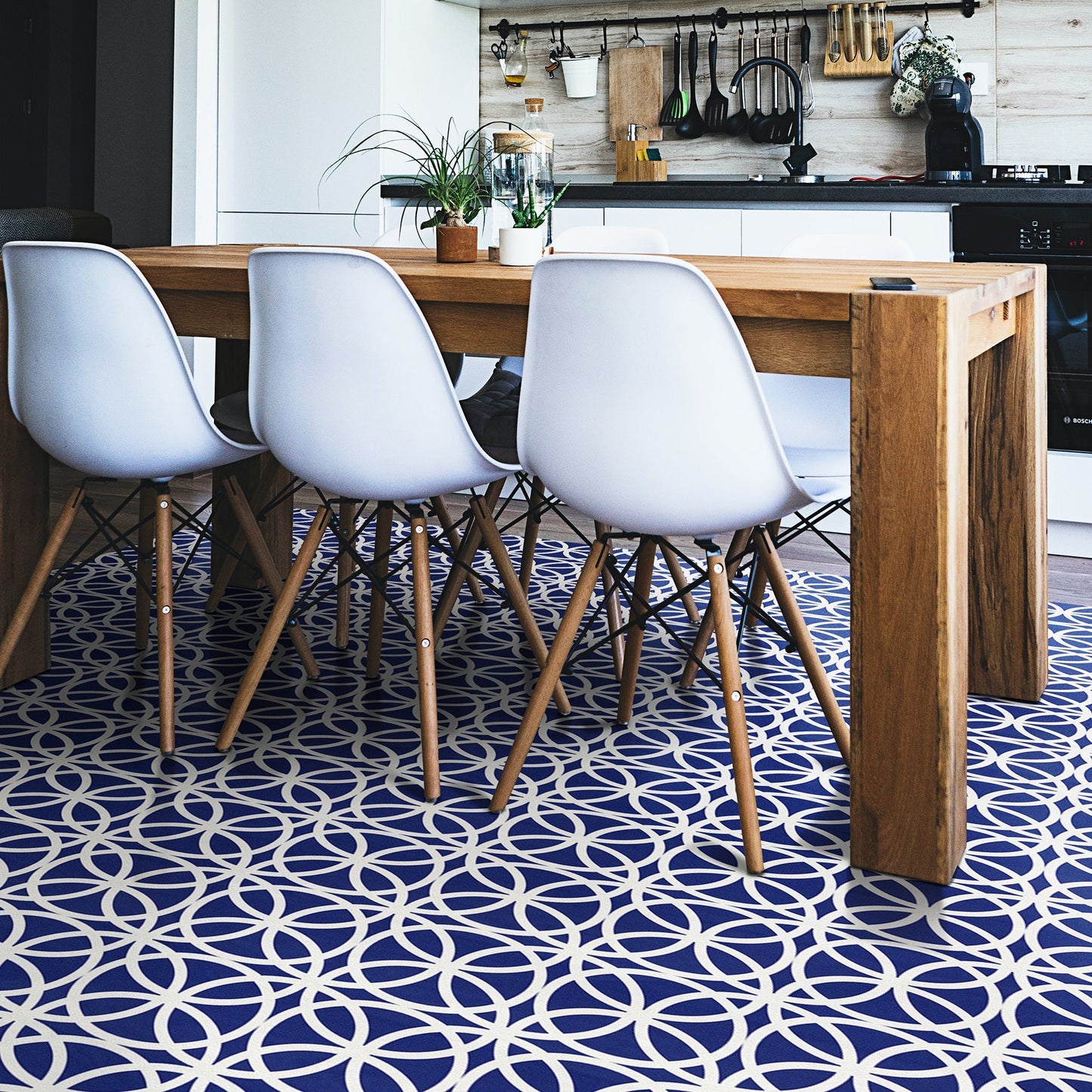 Chicago Versatile Indoor/Outdoor Washable Rug - Modern, Contemporary Navy Blue Geometric - Vinyl with Non-Slip Backing