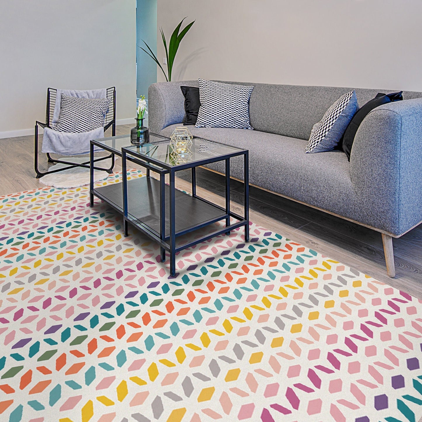 Gemstones Versatile Indoor/Outdoor Washable Rug - Multicolor Mid-Century Geometric - Vinyl with Non-Slip Latex Backing