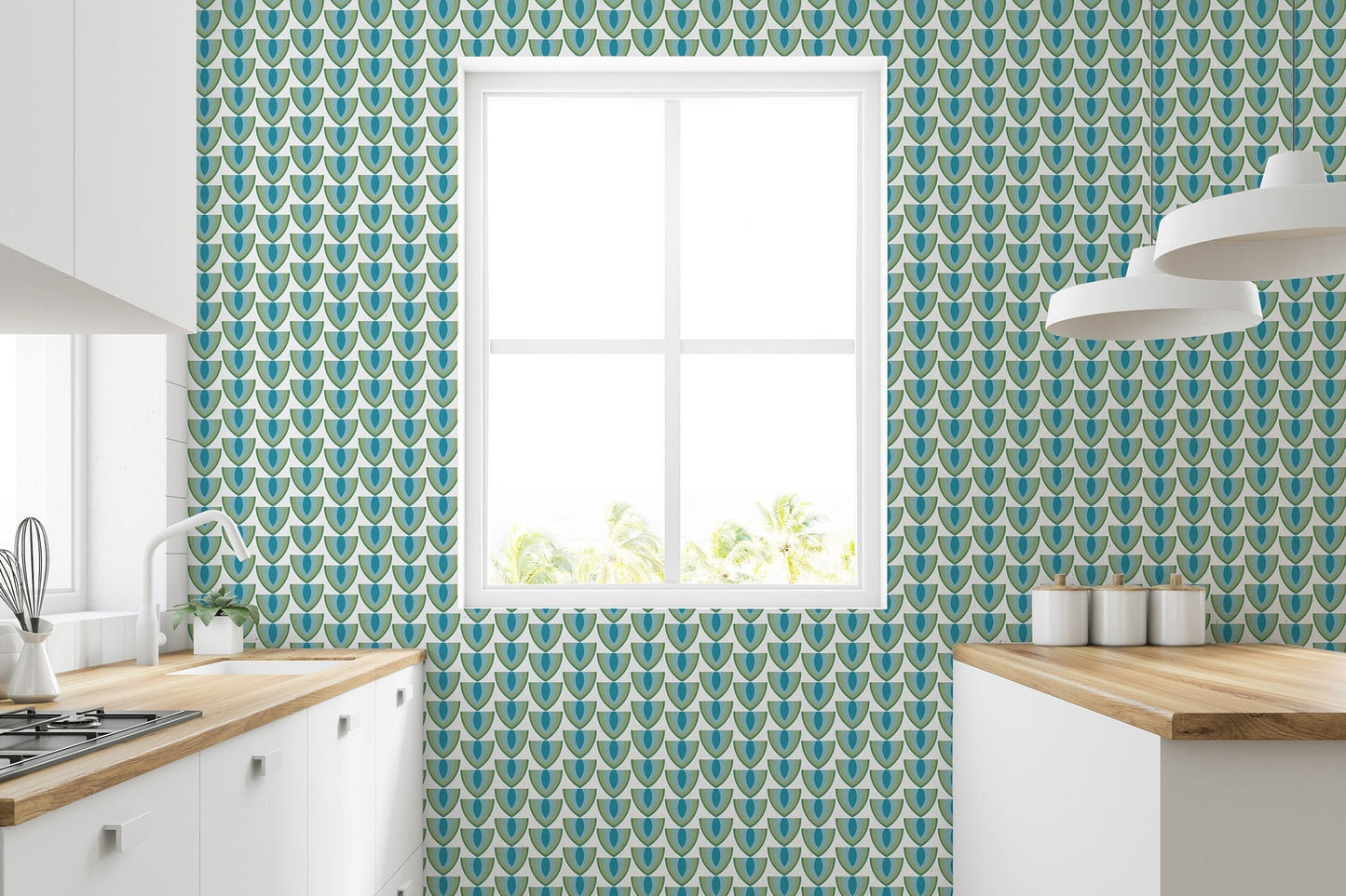 Avocado Slice Mid-Century Peel and Stick Wallpaper - Green, Blue Geometric - Water-Resistant Embossed Vinyl Canvas