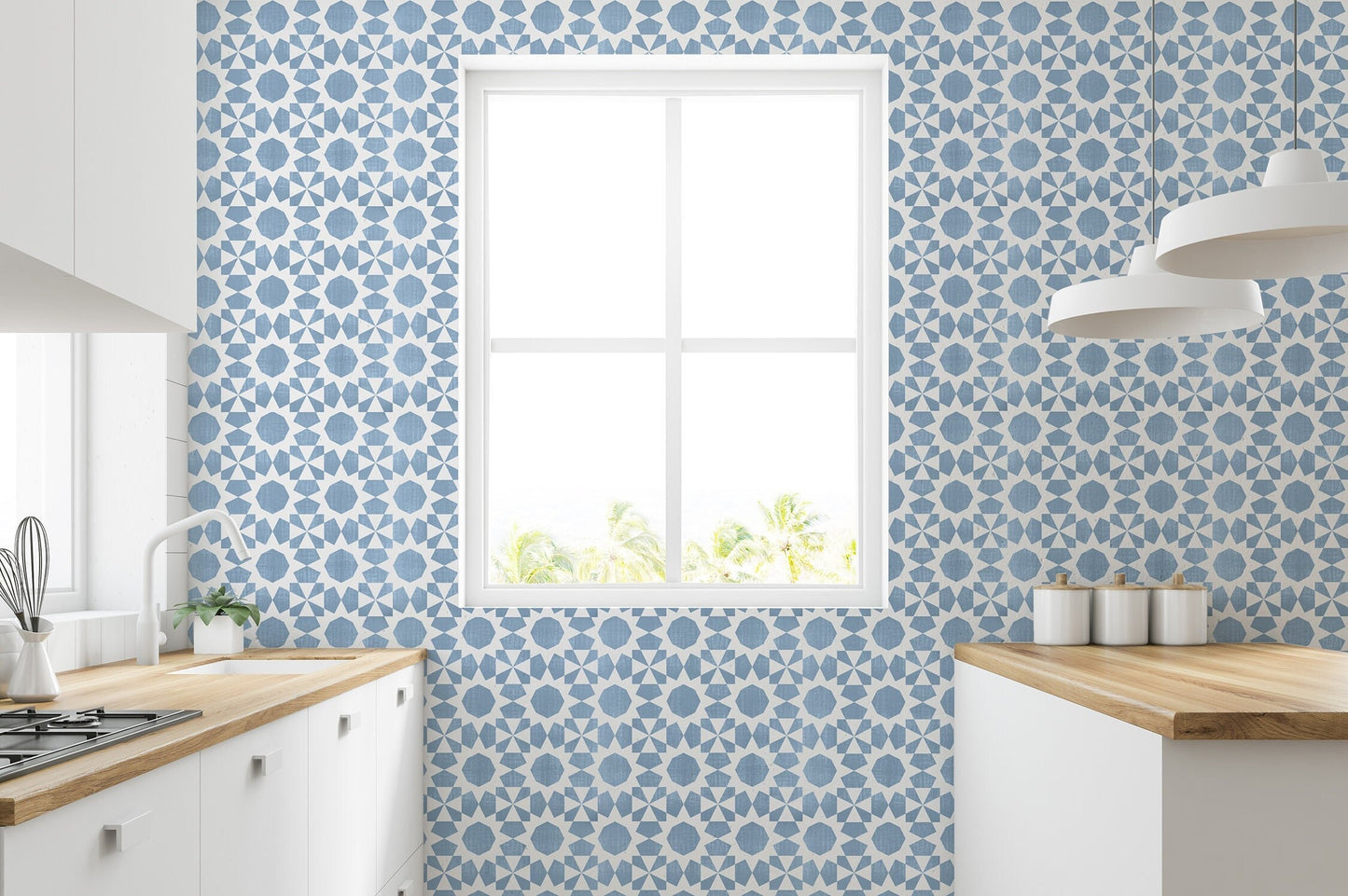 Casper Modern Farmhouse Peel and Stick Wallpaper - Blue Medallion - Water-Resistant Embossed Vinyl Canvas