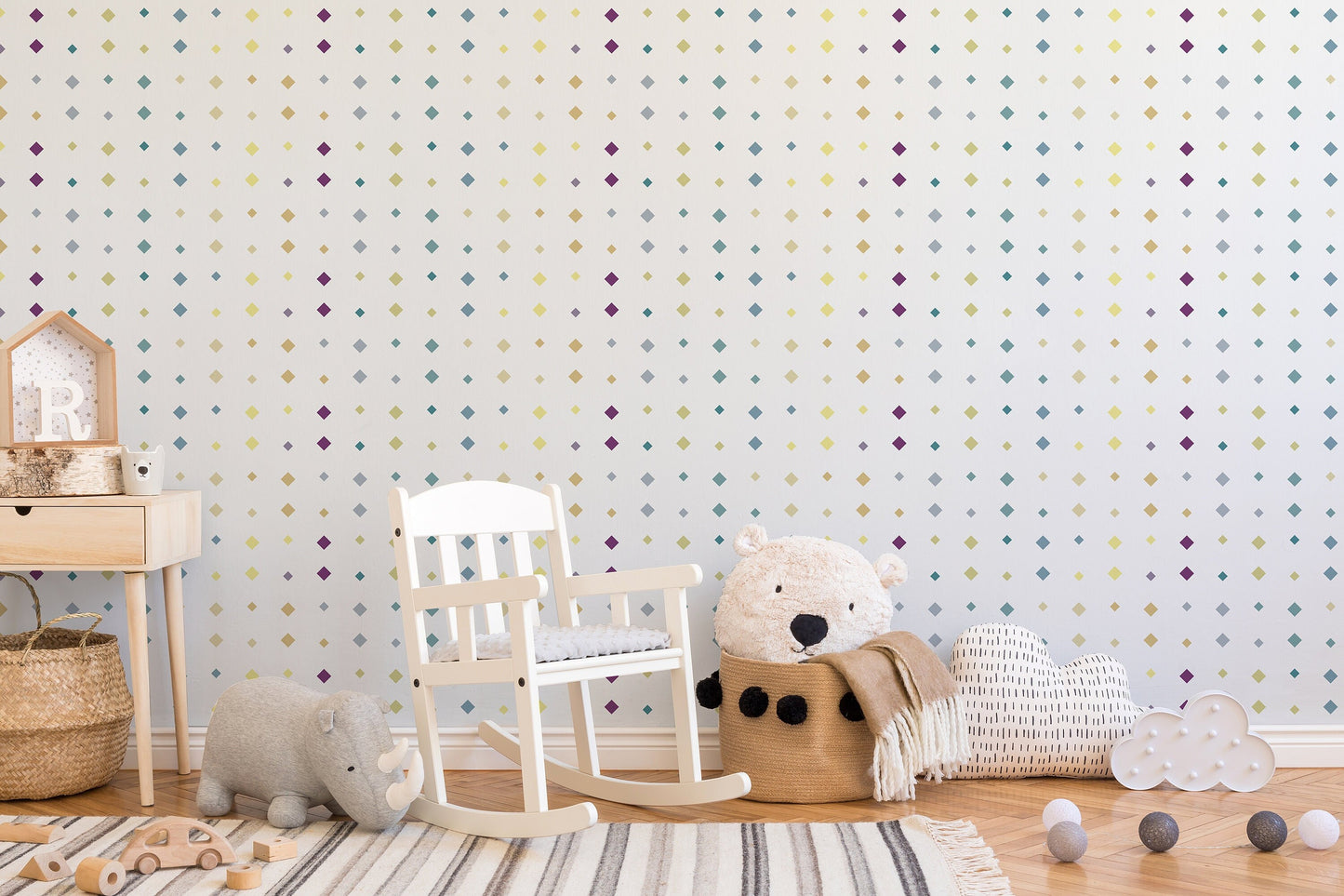 Confetti Mid-Century Peel and Stick Wallpaper - Purple, Yellow Polka Dots - Water-Resistant Embossed Vinyl Canvas