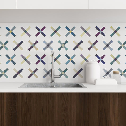 Cross Your T's Mid-Century Peel and Stick Wallpaper - Purple, Yellow, Blue Geometric - Water-Resistant Embossed Vinyl Canvas