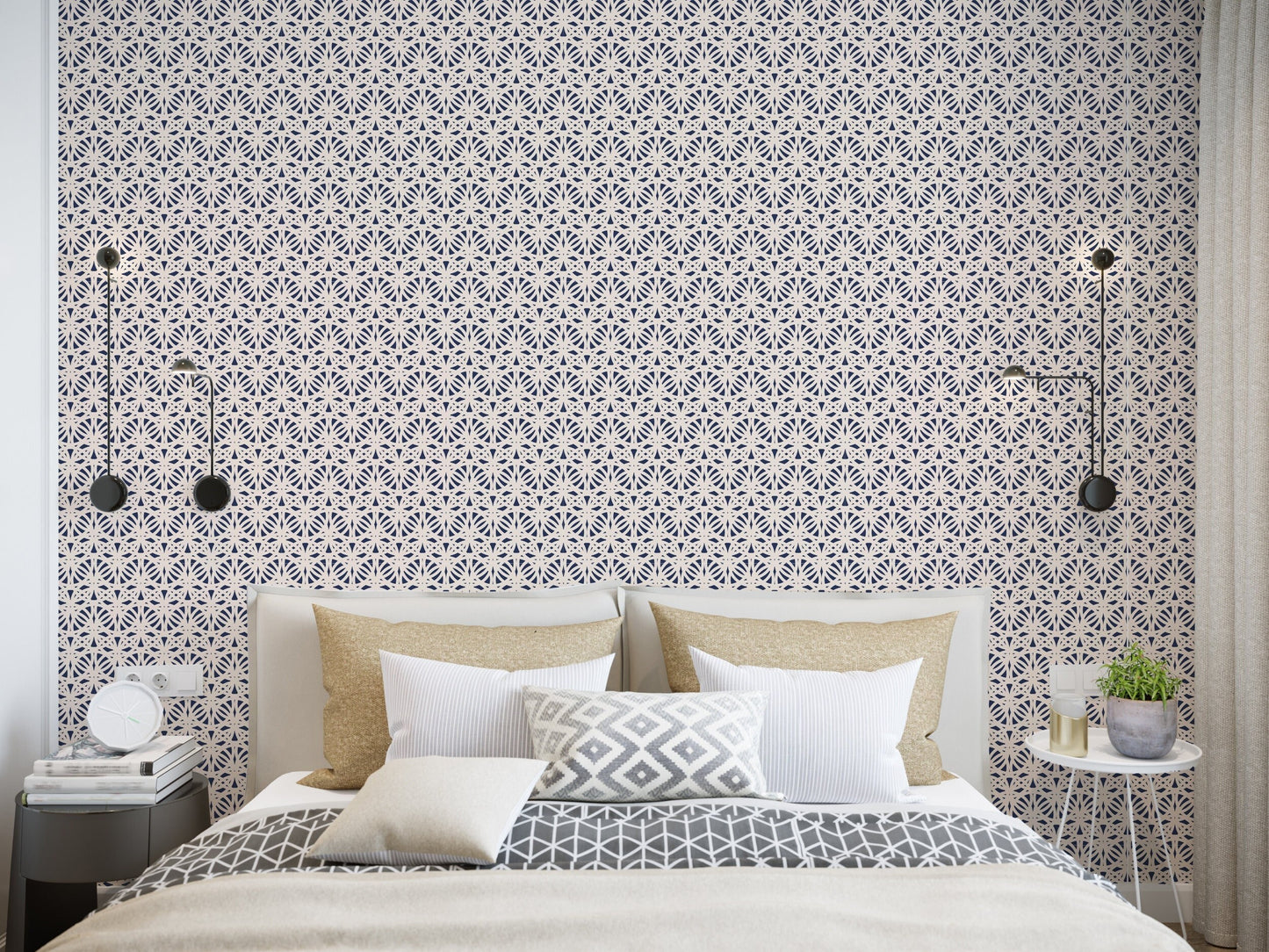 Morocco French Country Peel and Stick Wallpaper Panel - Navy, White Lattice - Water-Resistant Embossed Vinyl Canvas