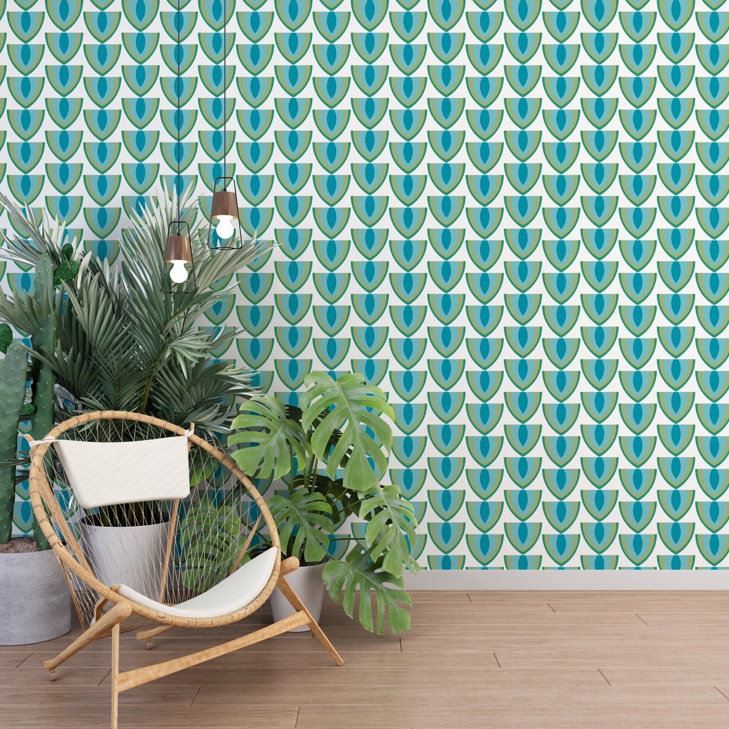 Avocado Slice Mid-Century Peel and Stick Wallpaper - Green, Blue Geometric - Water-Resistant Embossed Vinyl Canvas