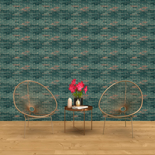 Brick Green Industrial Peel and Stick Wallpaper - Green Faux Brick - Water-Resistant Embossed Vinyl Canvas