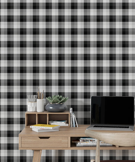 Buffalo Black Farmhouse Peel and Stick Wallpaper - Black Modern Plaid - Water-Resistant Embossed Vinyl Canvas