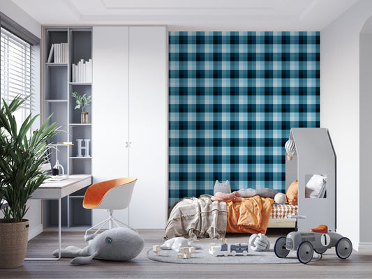 Buffalo Blue Modern Peel and Stick Wallpaper - Blue Plaid - Water-Resistant Embossed Vinyl Canvas