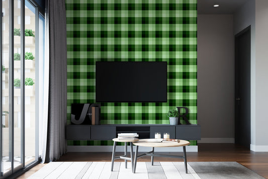 Buffalo Green Modern Peel and Stick Wallpaper - Green, Black Plaid - Water-Resistant Embossed Vinyl Canvas