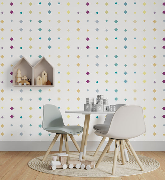 Confetti Mid-Century Peel and Stick Wallpaper - Purple, Yellow Polka Dots - Water-Resistant Embossed Vinyl Canvas