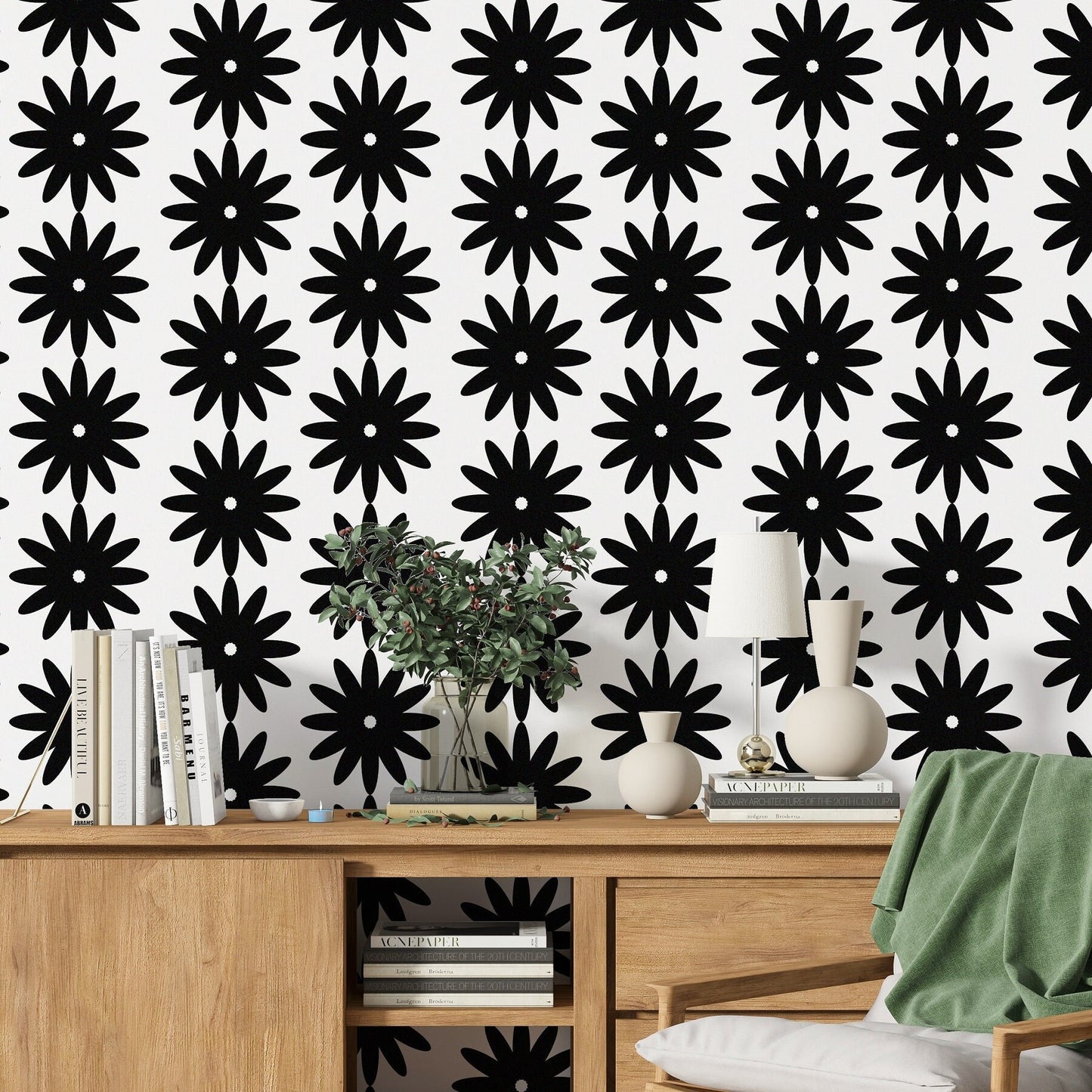 Daisies Modern Farmhouse Peel and Stick Wallpaper - Black Geometric Floral - Water-Resistant Embossed Vinyl Canvas