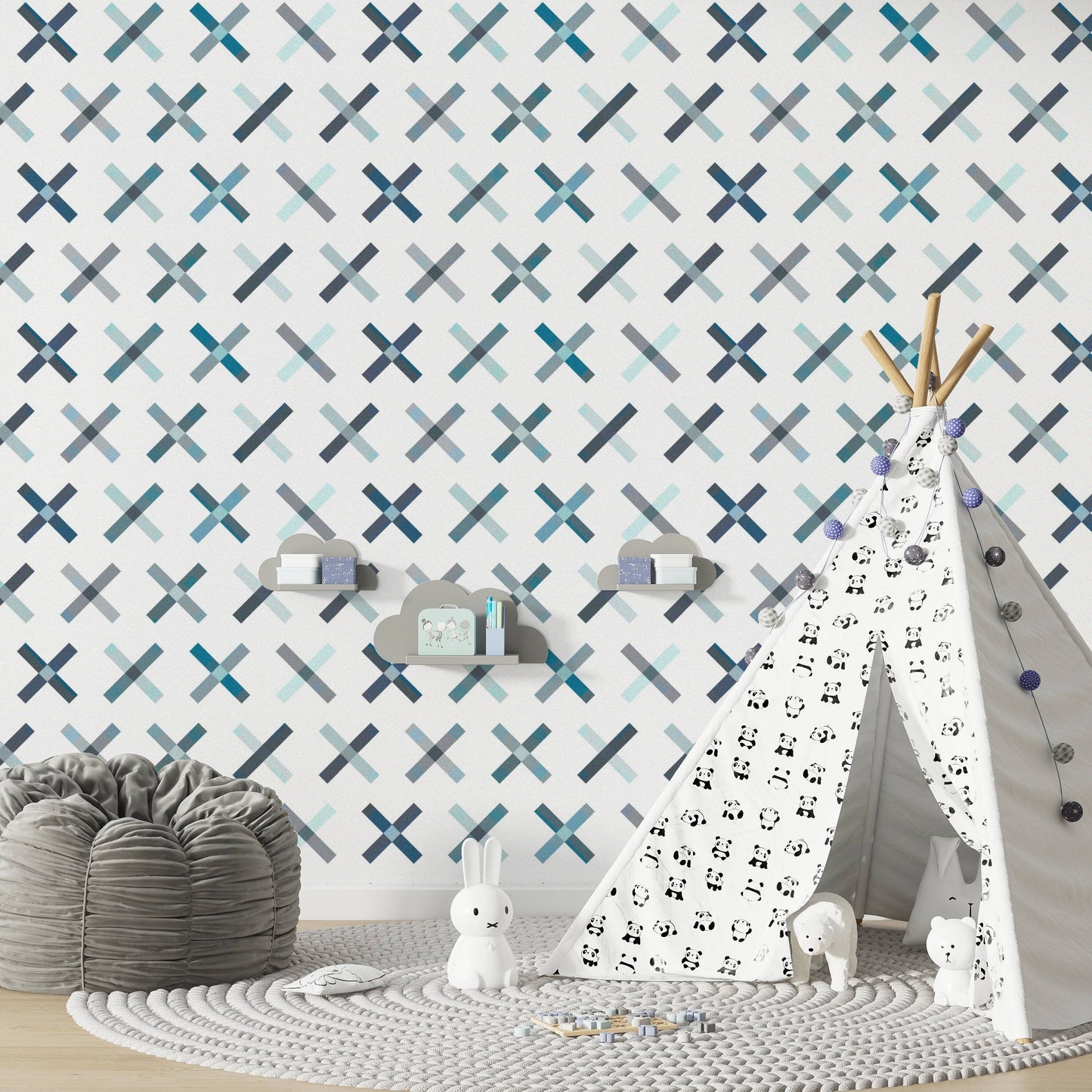 Dot Your I&#39;s Mid-Century Peel and Stick Wallpaper - Blue, Gray Geometric - Water-Resistant Embossed Vinyl Canvas