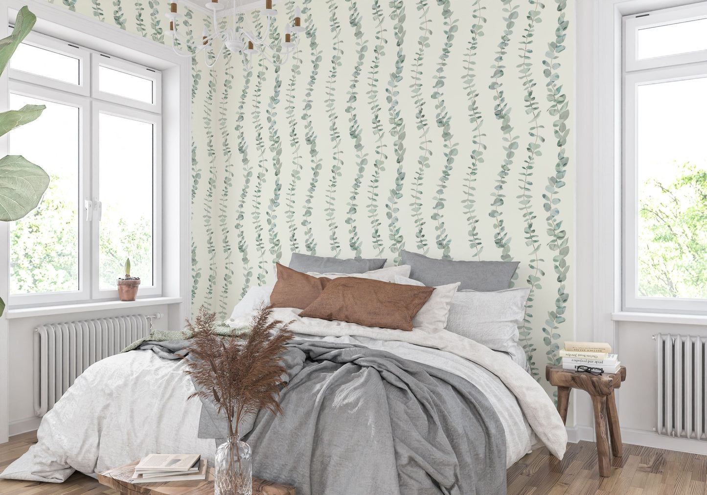 Eucalyptus Country Farmhouse Peel and Stick Wallpaper - Green Striped Botanical - Water-Resistant Embossed Vinyl Canvas