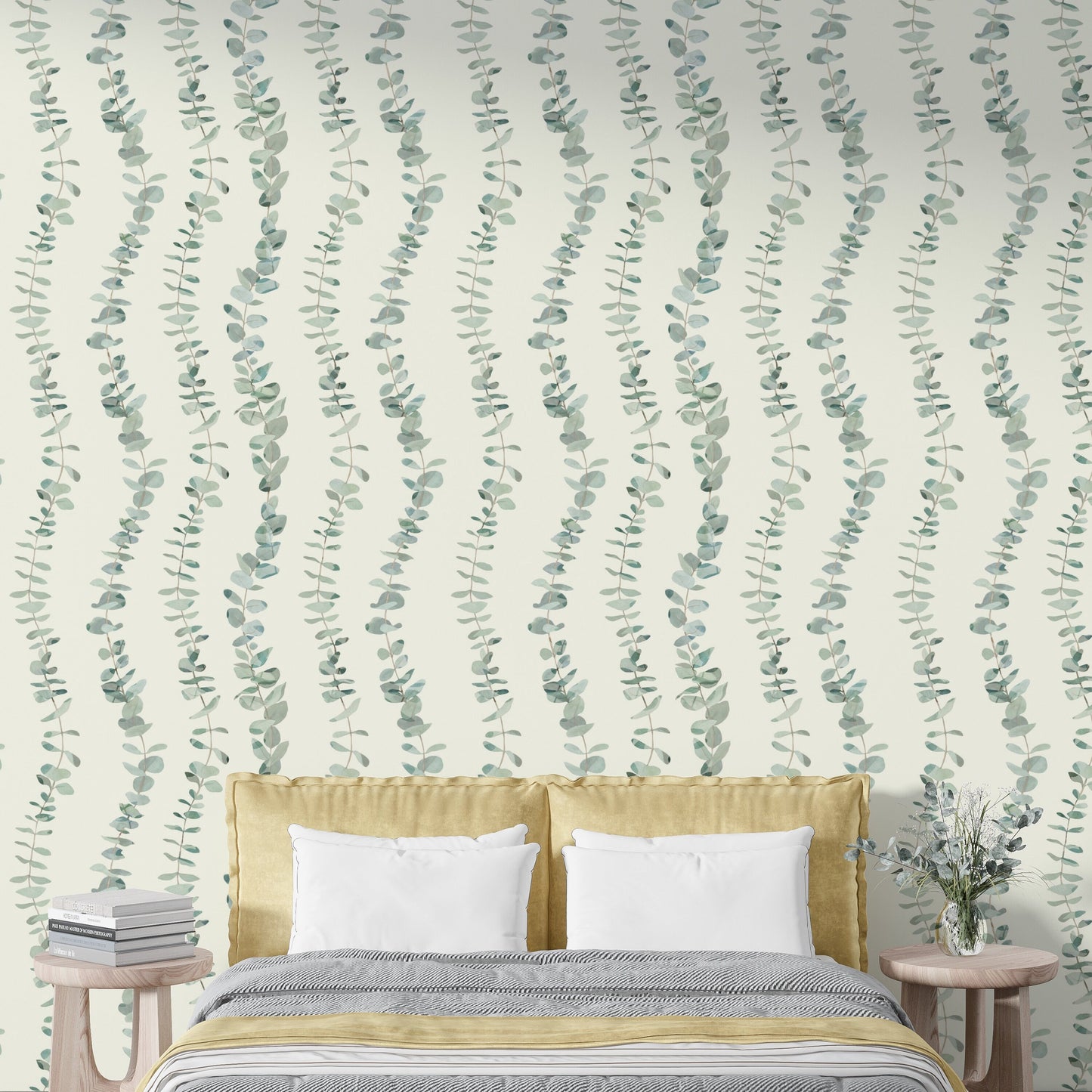 Eucalyptus Country Farmhouse Peel and Stick Wallpaper - Green Striped Botanical - Water-Resistant Embossed Vinyl Canvas