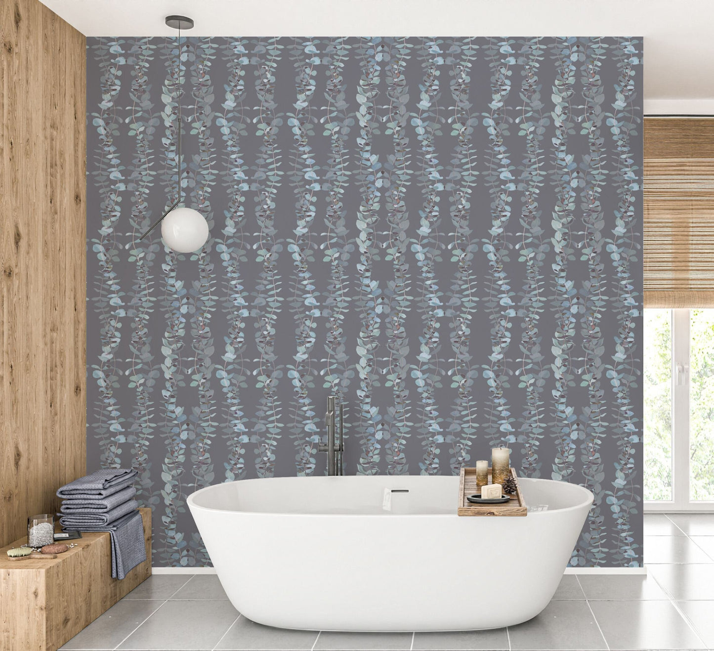 Eucalyptus Country/Farmhouse Peel and Stick Wallpaper - Gray, Blue Floral Striped - Water-Resistant Embossed Vinyl Canvas