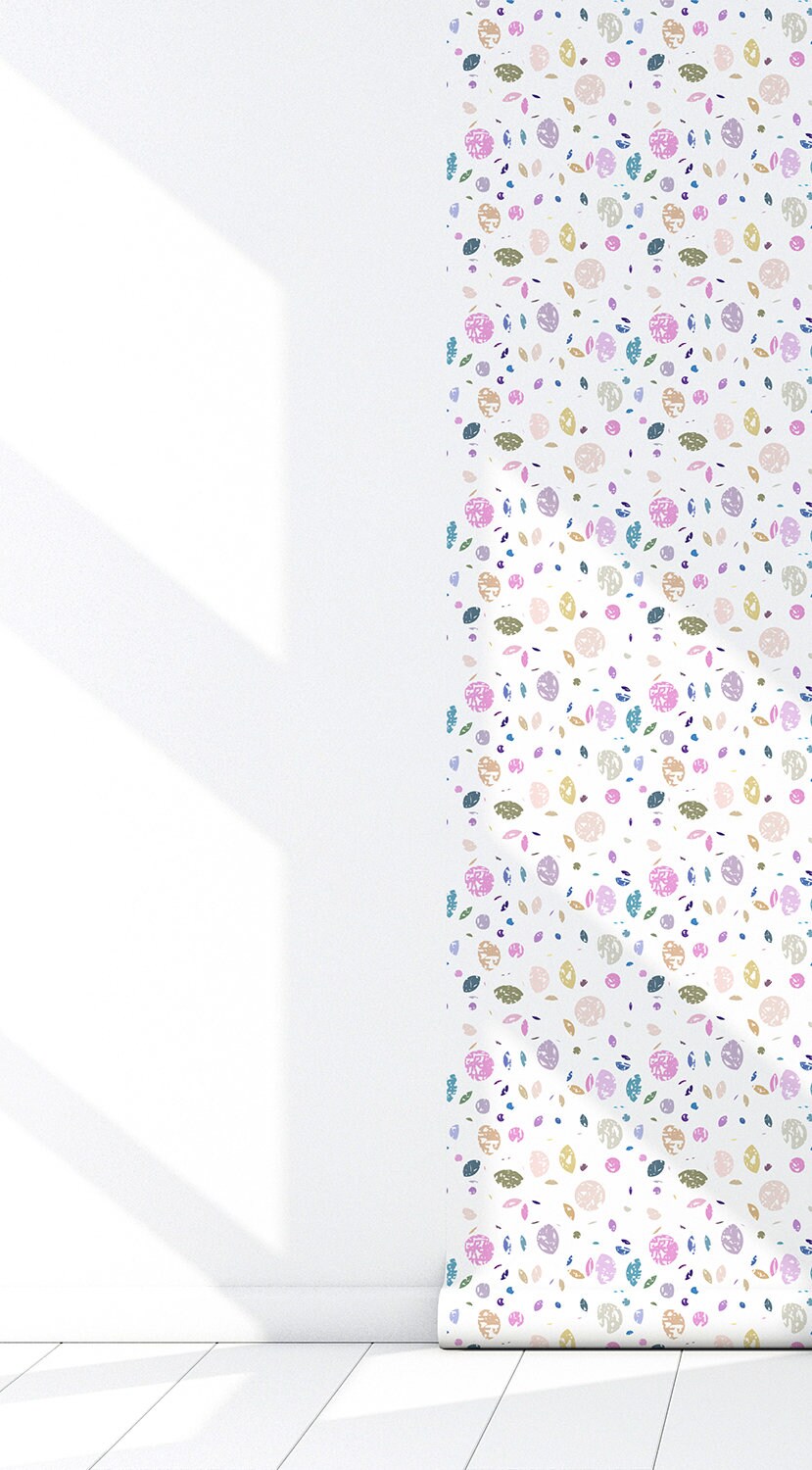 River Rocks Boho Peel and Stick Wallpaper - Multi-Color Pink Polka Dots - Water-Resistant Embossed Vinyl Canvas